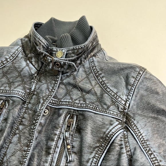 POINT ZERO Blue Acid Washed Vegan Leather Quilted Moto Style Collar Jacket Coat - Picture 7 of 15